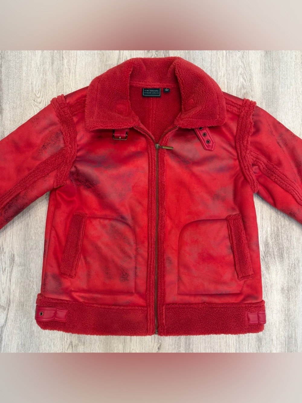 G‎ by Giuliana Red Faux Shearling Moto Jacket Aviator Style Medium